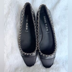 Anne Klein Black Chain-Trim Pointed Ballet Flats